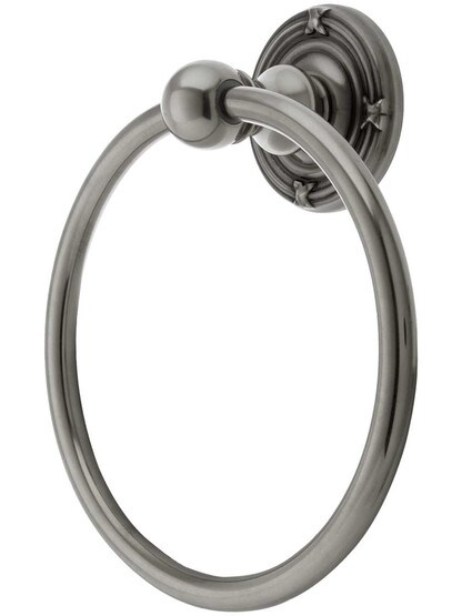 Brass Towel Ring with Ribbon and Reed Rosette in Antique Pewter.